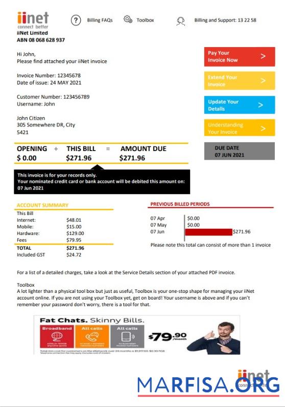 Blank Australia iiNet utility bill template